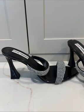 Steve Madden Black Patent Heels with Silver Crystal Straps